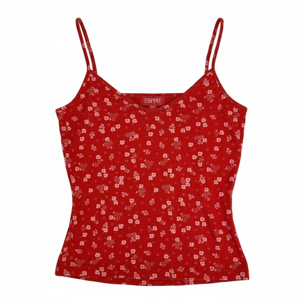 Vintage Y2K Esprit Red Floral Cherry Print Spaghetti Strap Cami Tank Top S